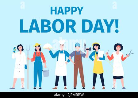 International workers day. Work celebration, professions worker characters. Various jobs, professionals party banner. Cook, scientist recent vector Stock Vector