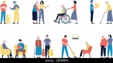 Social workers. Elderly seniors care volunteers, teenager volunteering. Person volunteer support old people. Man in wheelchair, charity recent vector Stock Vector