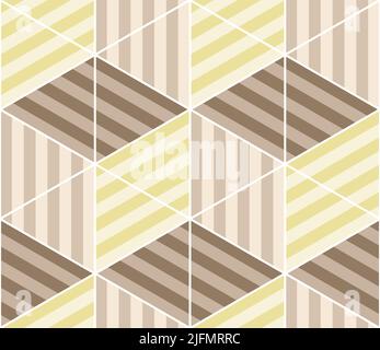 Brown striped 3d cubes repeat pattern inside triangles and hexagons in white outline, geometric vector illustration Stock Vector