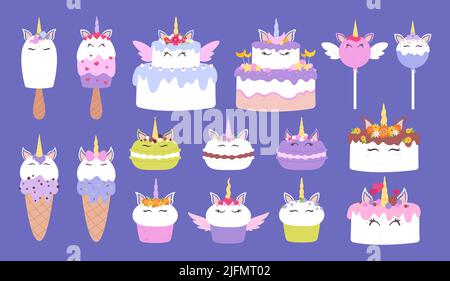 Unicorn desserts, macaron and ice cream. Cake donuts with cute face, kawaii characters kids sweet dessert. Childish magic pony racy vector print Stock Vector