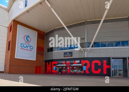 Southampton, Hampshire, UK.  4th July 2022. General view outside St Mary’s Stadium, home of Southampton Football Club which is hosting three UEFA Women’s Euro 2022 group matches starting on Thursday 7th July with Norway v Northern Ireland.  View of the ticket office. Picture Credit: Graham Hunt/Alamy Live News Stock Photo