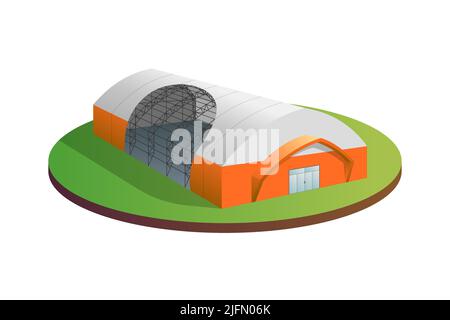 Temporary industrial tent 3d building with construction demonstration. Awning tarpaulin warehouse hangar. Commercial exhibition tunnel hall barn. Factory production distribution or storage eps concept Stock Vector