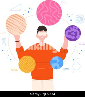 Vr education. People using virtual simulator digital learning, headset goggles augmented reality, man in visual device future experience crypto mining, vector illustration. Simulation technology Stock Vector