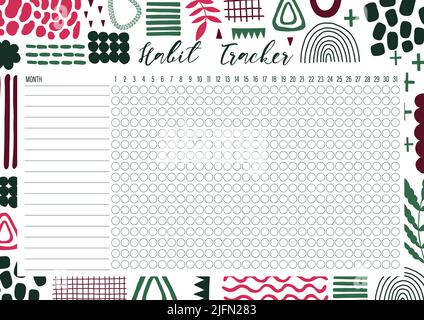 Habit tracker template for monthly.Planner checklist ready to print.Calendar table of habits for every day. Stock Vector