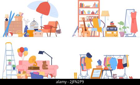 Garage things. Sale second hand stuff, storage antique items junk boxes used clothes flea market or donation, buy pile old retro things street marketing, swanky vector illustration. Garage old things Stock Vector