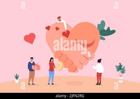 Voluntary support health. Volunteer community contributing organization charity donation heart gift, humanitarian help people care, public volunteers, vector illustration of community support help Stock Vector