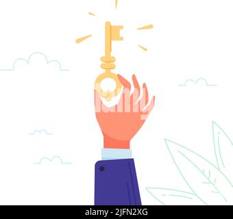 Golden key in hand. Hands holding gold secret keys from lock door residential property, success unlock opportunity successful estate owner or agent admin access vector illustration. Golden key Stock Vector