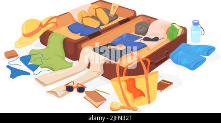 Scattered baggage. Preparing travel suitcase, vacation luggage organization trouble, mess beach clothes holiday stuff leaving summer trip open journey bag, neat vector illustration. Luggage to voyage Stock Vector