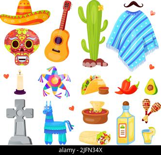 Mexican carnival elements. Mexico holiday fiesta party, cinco de mayo traditional festival, pinata margarita latin spanish flag, day of dead skull, set cartoon vector icon of festival illustration Stock Vector