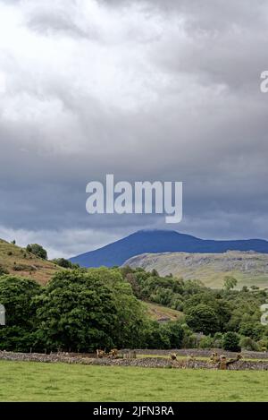 The Scafell range of mountains in storm clouds dominating the skyline in Boot, Eskdale on a summers day Lake District Cumbria England UK Stock Photo