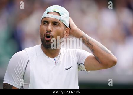 Nick Kyrgios reacts during his Gentlemen's singles fourth round match against Brandon Nakashima on day eight of the 2022 Wimbledon Championships at the All England Lawn Tennis and Croquet Club, Wimbledon. Picture date: Monday July 4, 2022. Stock Photo
