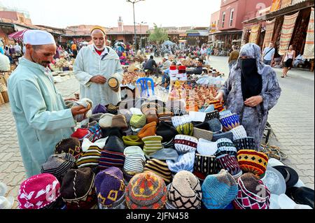 Morocco Marrakesh. Sale of moroccan hats at the market Stock Photo