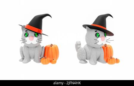 3d render. Cartoon gray kitten in a witch hat and with pumpkins. Autumn halloween concept. 3d illustration Stock Photo