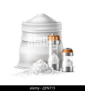 Realistic salt composition. Food products, salty cooking ingredient, white powder and crystals in bag and heaps, saltshakers and bunch, granular 3d Stock Vector