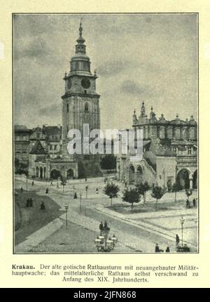 Kraków. The old Gothic town hall tower with the newly built military main guard; the medieval town hall itself disappeared at the beginning of the 19th century From the book in German ' Galizien, seine kulturelle und wirtschaftliche Entwicklung. ' [ Galicia, its cultural and economic development. ] Publisher and responsible editor Siegmund Bergmann. 1912 Stock Photo