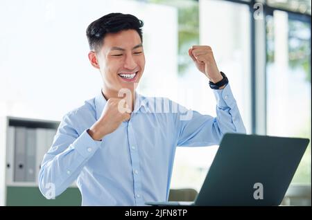 Young happy and excited asian businessman cheering with his fists working on a laptop sitting in an office alone at work. One Chinese businessperson Stock Photo