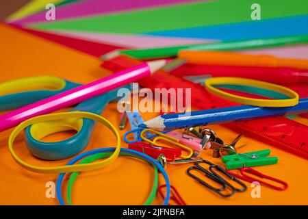 Various craft materials and colored paper Stock Photo