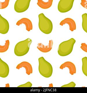 Seamless pattern with papaya, whole fruits and slices, vector illustration Stock Vector