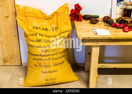 All products of Chocolaterie Frigoulettte in Beaufort-sur-Gervanne (Die, France) are made from São Tomé cocoa beans. For company founder Bernard Xueref, they are the best cocoa beans in the world. They come from a premiere Grand Cru plantation and are certified organic. Transparency, respect for nature and a close and personal cooperation with the partner Kafka are important to Bernard Xueref. Stock Photo