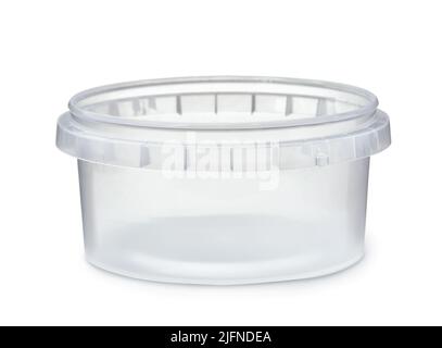 Front view of open round plastic disposable food container isolated on white Stock Photo