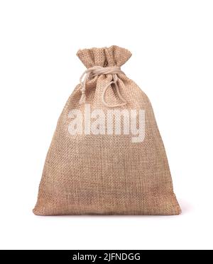 Front view of small blank burlap sack isolated on white Stock Photo