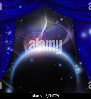 Planet and space with stage curtains. 3D rendering Stock Photo