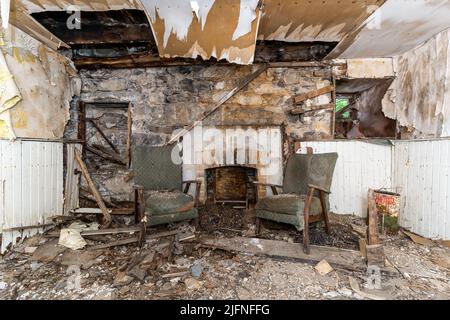 3 July 2022. Cabrach, Moray, Scotland. This is the interior of a house that has been derelict for quite a number of years in the Cabrach area of Aberd Stock Photo