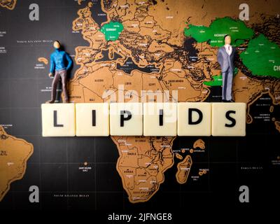 Top view of the miniature figurines and text 'LIPIDS' on a world map background Stock Photo