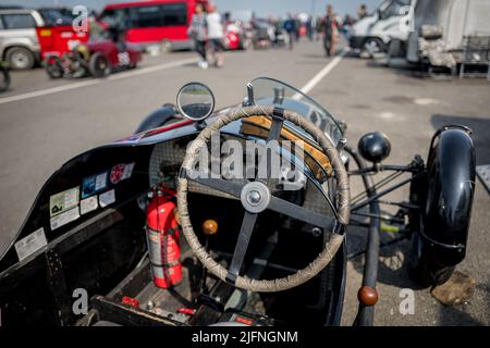 Drivers cockpit of a three wheeled pre war 1929 Morgan Super Aero . Stock Photo