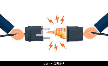 electric short circuit. Faulty damaged cable. Fire from overload. Electrical safety concept. Vector illustration flat design. Short circuit electrical Stock Vector