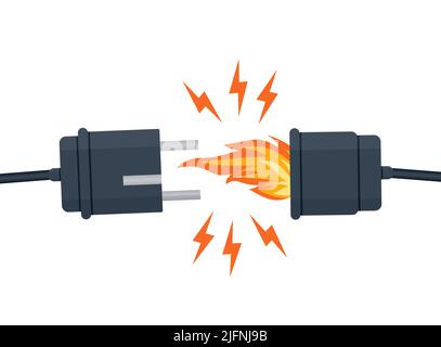electric short circuit. Faulty damaged cable. Fire from overload. Electrical safety concept. Vector illustration flat design. Short circuit electrical Stock Vector