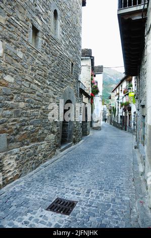 Street of Torla. Torla-Ordesa is a municipality in the province of Huesca. It is in the northwest of the Sobrarbe region and is a gateway to the Ordes Stock Photo