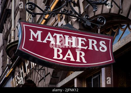 Sign outside Mathers Bar on Queensferry Street, Edinburgh, Scotland, UK. Stock Photo