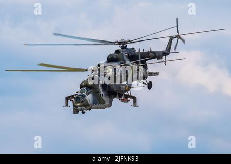 SLIAC / SLOVAKIA - AUGUST 3, 2019: Czech Air Force Mil Mi-24V Hind 7360 attack helicopter display at SIAF Slovak International Air Fest 2019 Stock Photo