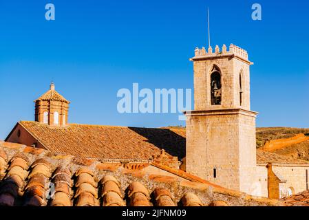 Bell tower and skylight of the Basilica of Santa María de los Sagrados Corporales on the roofs of the houses. Daroca, Zaragoza, Aragón, Spain, Europe Stock Photo