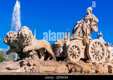 The Fountain of Cybele, Fuente de Cibeles, or simply, La Cibeles, is a neoclassical fountain in Madrid. It lies on the centre of the Plaza de Cibeles. Stock Photo