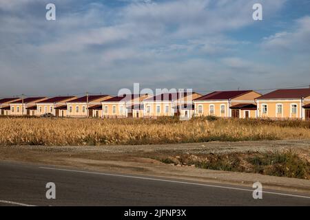 New cottage settlement of small inexpensive identical houses in a row along the road, Uzbekistan Stock Photo