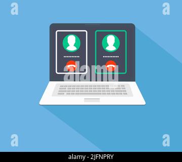 Using laptop video call conference, laptop, streaming tv series, talking to friends logo design. Technology, video call people concept vector design. Stock Vector