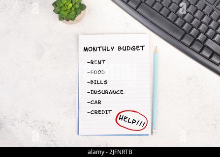 List with the monthly budget for rent, food, insurance, paying bills and credits, financial planning, calculate the expenses, increase of living costs Stock Photo
