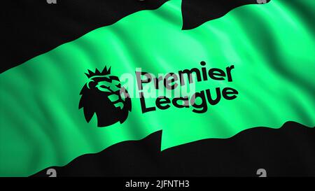 Flag with emblem of English Premier League. Motion. Professional Football League of England on flag with emblem. Beautiful and stylish flag of English Stock Photo