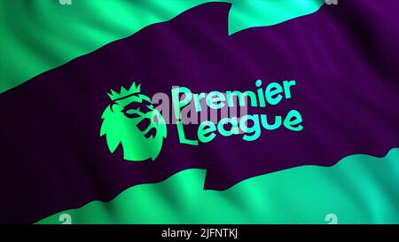 Flag with emblem of English Premier League. Motion. Professional Football League of England on flag with emblem. Beautiful and stylish flag of English Stock Photo