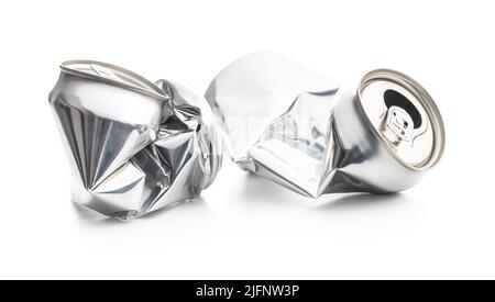 Empty crumpled can isolated on a white background. Stock Photo