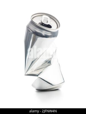 Empty crumpled can isolated on a white background. Stock Photo