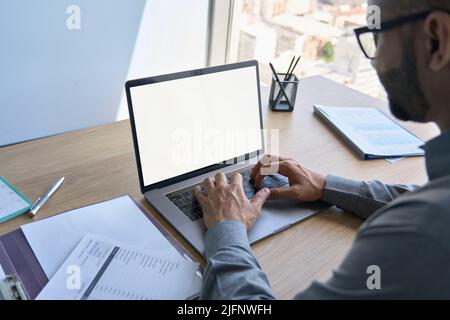 Over shoulder view of white blank empty mockup screen for advertising. Stock Photo