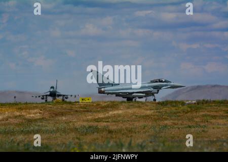 Royal Air Force (RAF) Eurofighter Typhoon aircraft performed NATO Missions in Turkiye and attended the International Anatolian Eagle-2022 Training. Turkish Defence ministry announced from its social media accounts that Royal Air Force Eurofighter aircraft attended Standing NATO Maritime Group Two (SNMG2) NATO Maritime cooperation training along with Turkish Air Force F-16 Fighting Falcon aircraft. Turkish aircraft took off from Konya and Bandırma Air Bases.Konya Turkiye 30.06.22 Anatolian Eagle 2022 exercises continue in Konya,, RAF's Typhoons in Anatolian Eagle Exercise Royal Air Force (RAF) Stock Photo