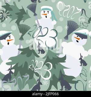 The symbol of 2023 is a black rabbit in a sailor hat seamless pattern Stock Vector
