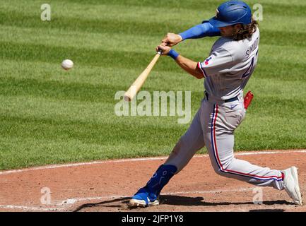 Baltimore, USA. 04th July, 2022. BALTIMORE, MD - JULY 04: Texas Rangers third baseman Josh Smith (47) at bat during a MLB game between the Baltimore Orioles and the Texas Rangers, on July 04, 2022, at Orioles Park at Camden Yards, in Baltimore, Maryland. (Photo by Tony Quinn/SipaUSA) Credit: Sipa USA/Alamy Live News Stock Photo