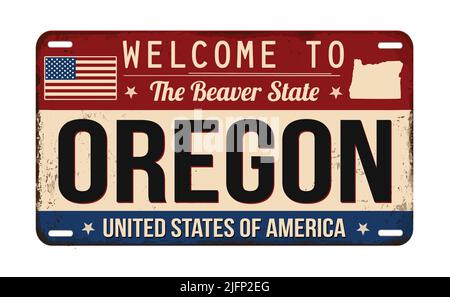 Welcome to Oregon vintage rusty license plate on a white background, vector illustration Stock Vector