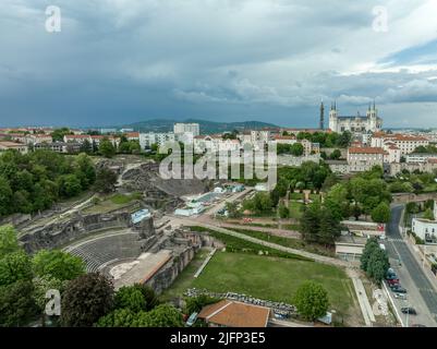 Aerial view of Lyon amphitheater and Roman ruins above the city Stock Photo