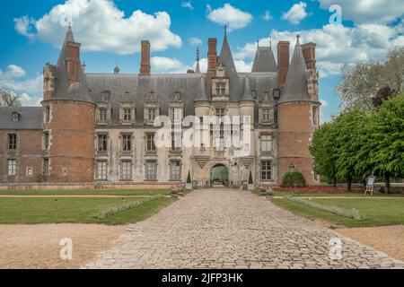 Aerial view of medieval Maintenon castle palace in France with French garden Stock Photo